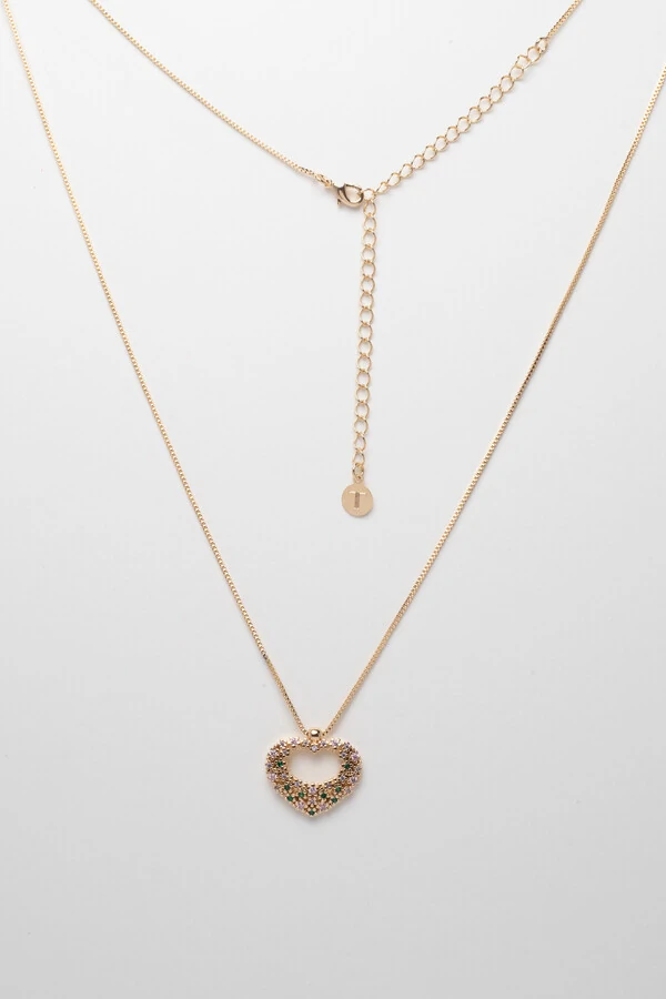 Colar Coração G Zircônia Color Banho Ouro 18K