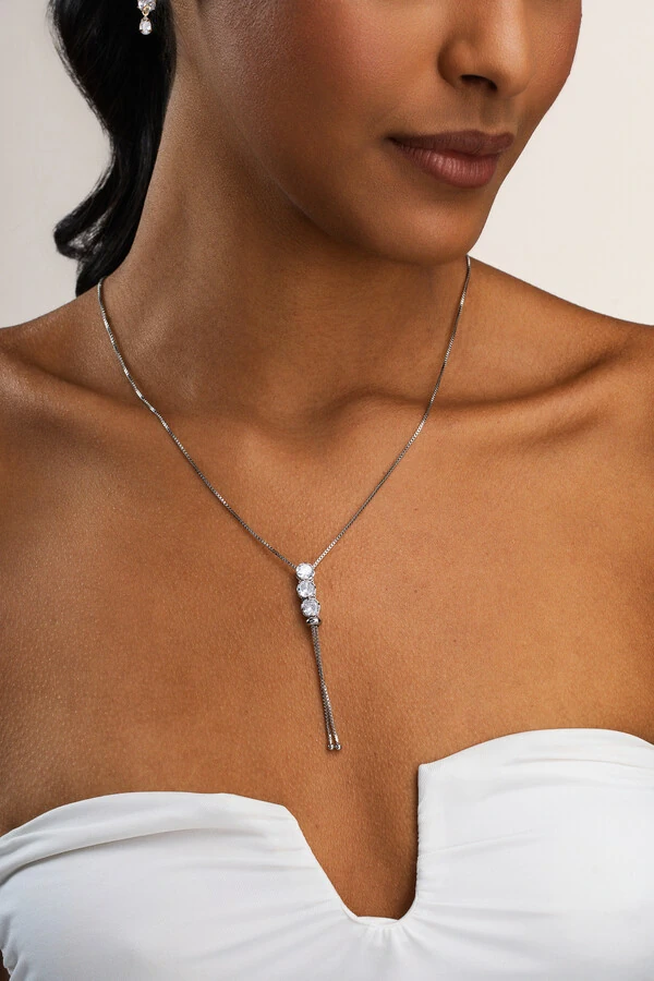 Colar Gravata Prateado Zircônia Cristal