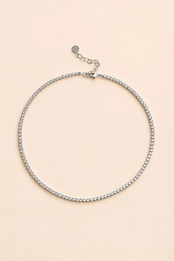 Colar Prateado Choker Zircônia Redonda