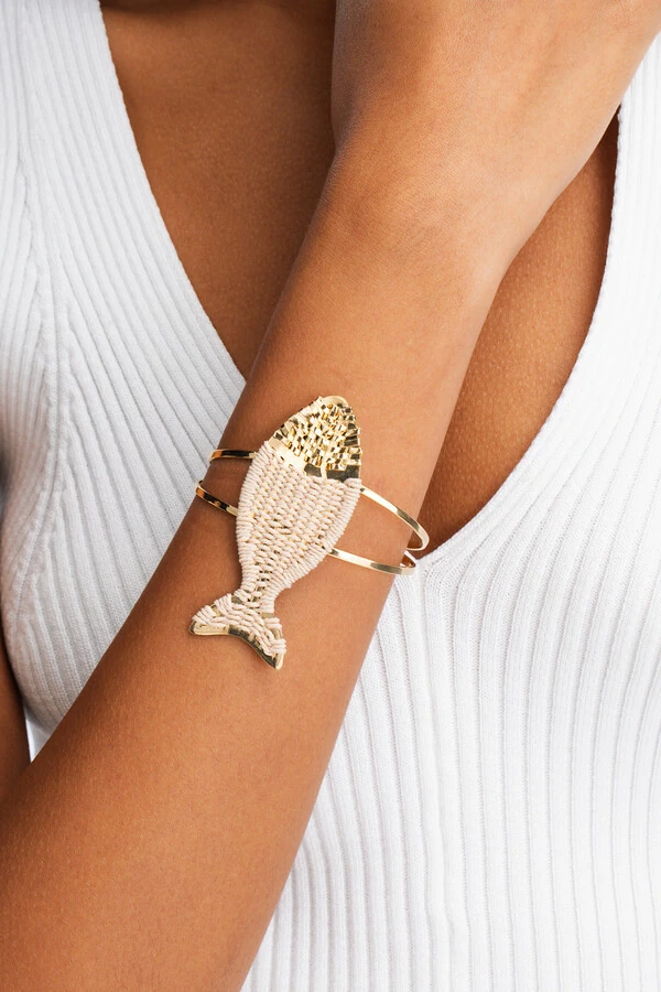 Pulseira Dourada Bracelete Peixe Palha