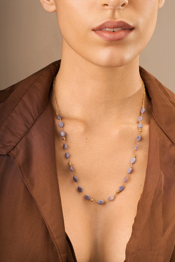 Colar Luna Jade Lilás Banho Ouro 18K