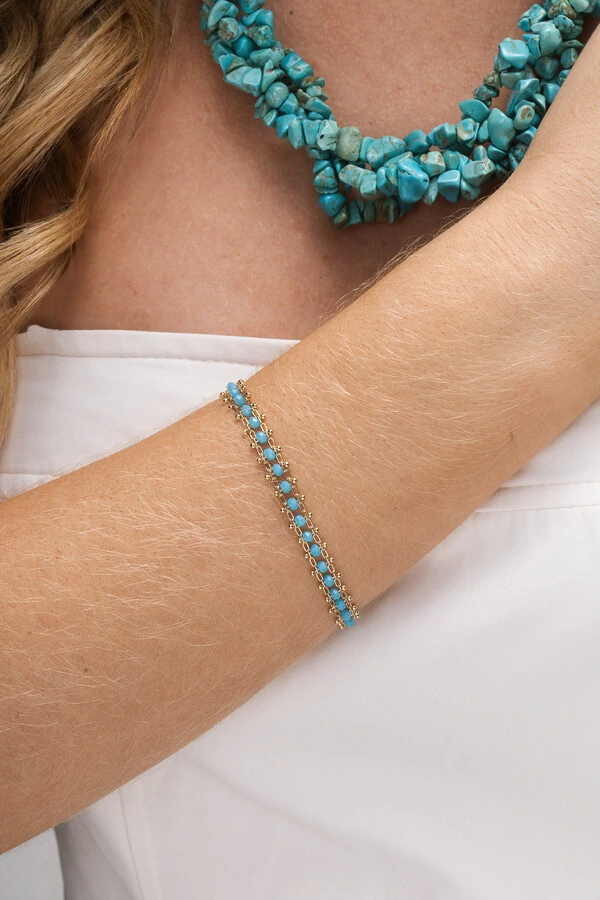 Pulseira Dourada Cristais Turquesa