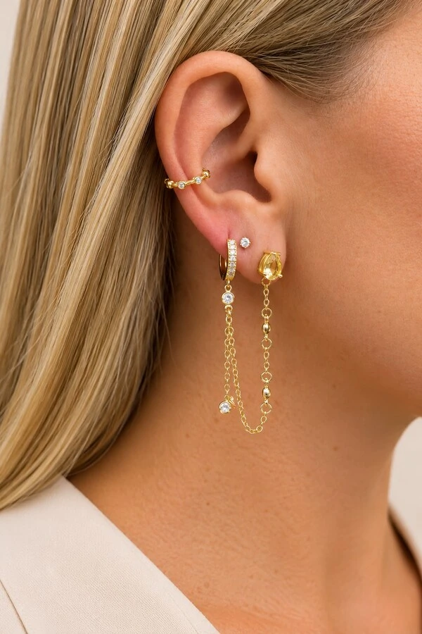 Brinco Dourado Argola Furo Duplo Gota Zircônia