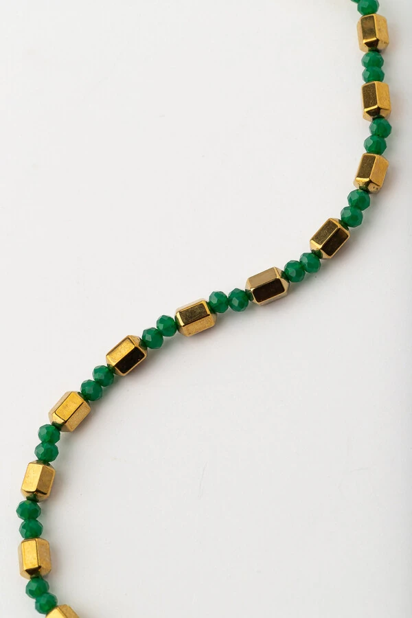 Pulseira Hematita Étnico Cristais Verde Banho Ouro 18K