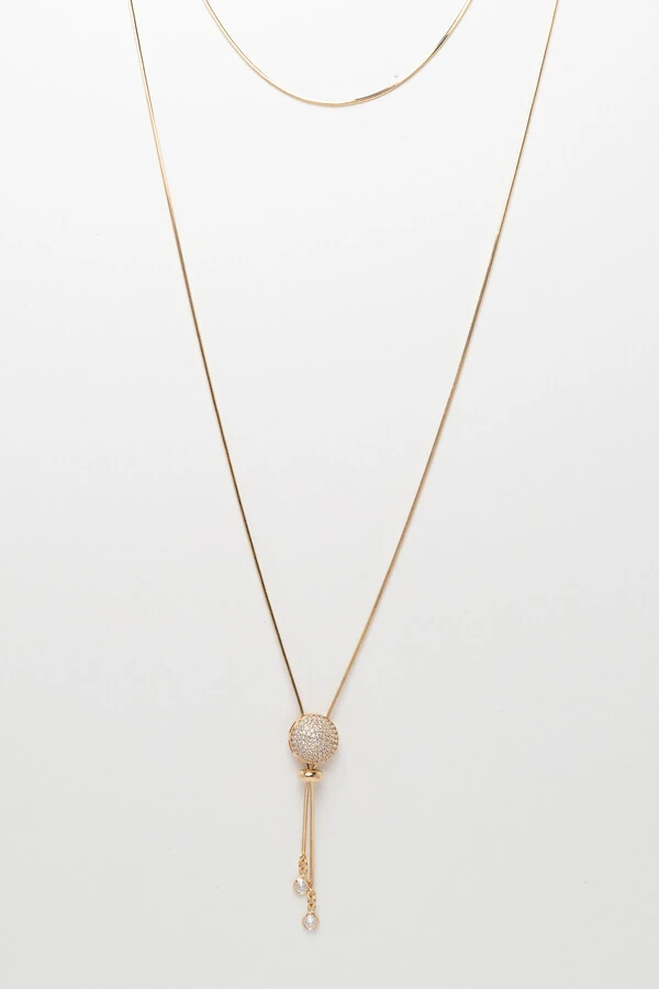 Colar Dourado Gravata Botão Zircônia Cristal