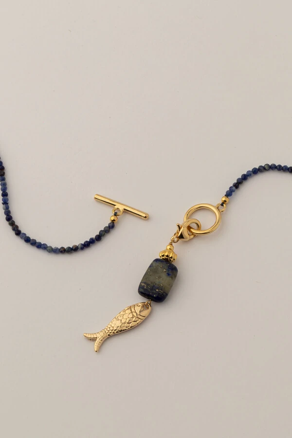 Colar Longo Peixe Lápis Lazuli Banho Ouro 18K