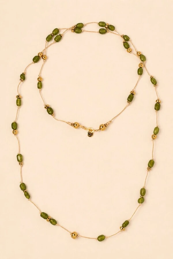 Colar Linha Jade Verde Hematita Banho Ouro 18K