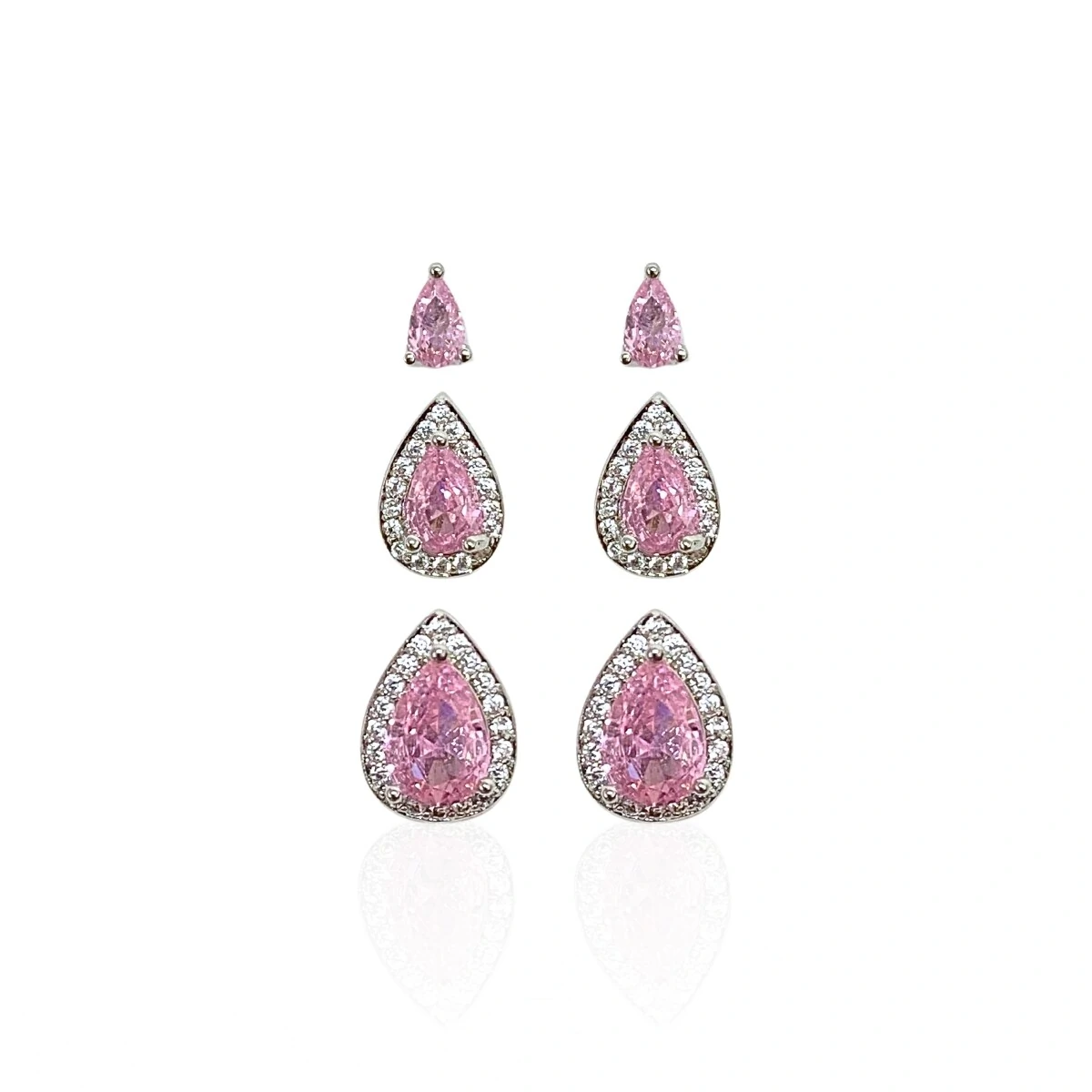 FotoTrio de Brincos Gota Quartzo Rosa com Zircônias