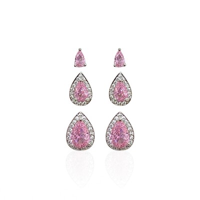 Foto Trio de Brincos Gota Quartzo Rosa com Zircônias