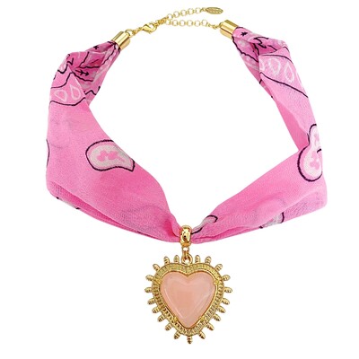 Foto Choker Lenço Rosa Pingente Coração Resinado