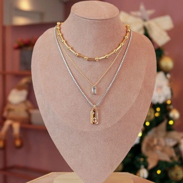 Colar Corrente Cadeado Pingente Retangular Cristal