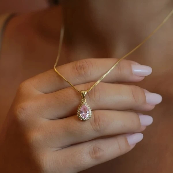 Conjunto Gota Quartzo Rosa Com Zircônias