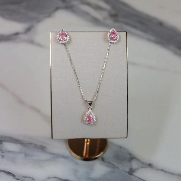 Conjunto Gota Quartzo Rosa Com Zircônias