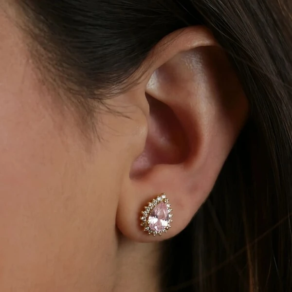 Conjunto Gota Quartzo Rosa Com Zircônias