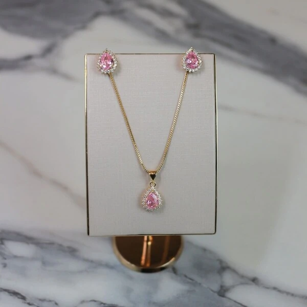 Conjunto Gota Quartzo Rosa Com Zircônias
