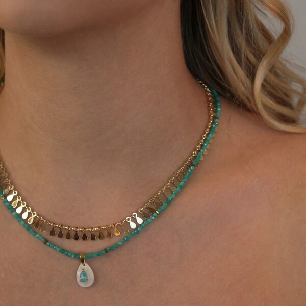 Choker Cristais Turquesa Com Gota Madrepérola