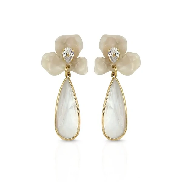Brinco Orquídea Madrepérola com Gota Cristal