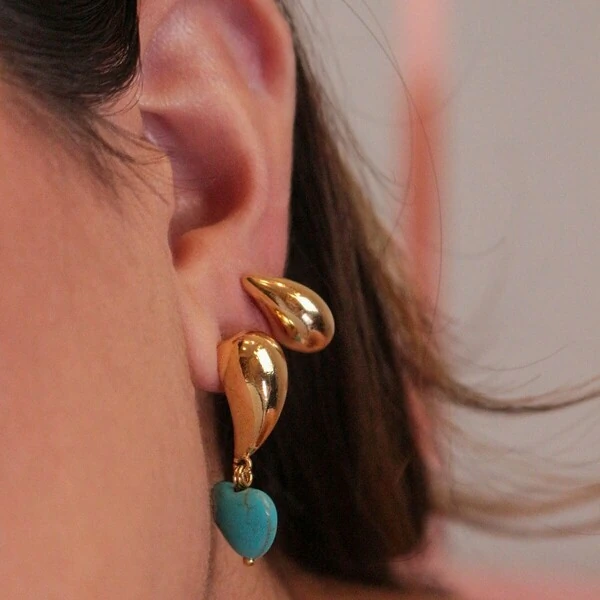 Brinco Gota com Pingente Coração Turquesa