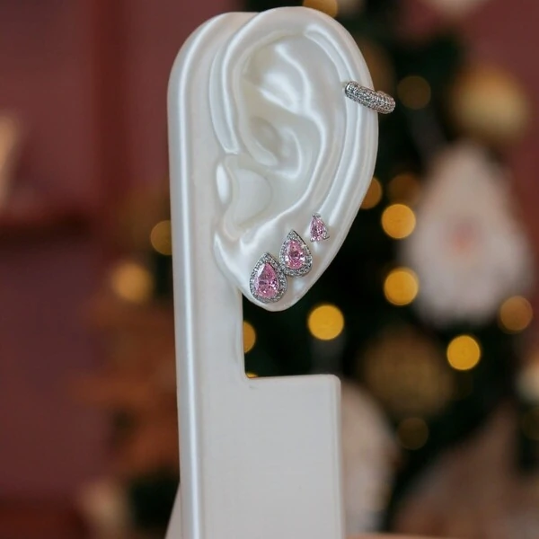 Trio de Brincos Gota Quartzo Rosa com Zircônias