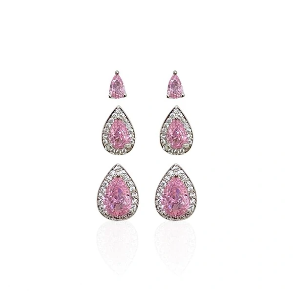 Trio de Brincos Gota Quartzo Rosa com Zircônias