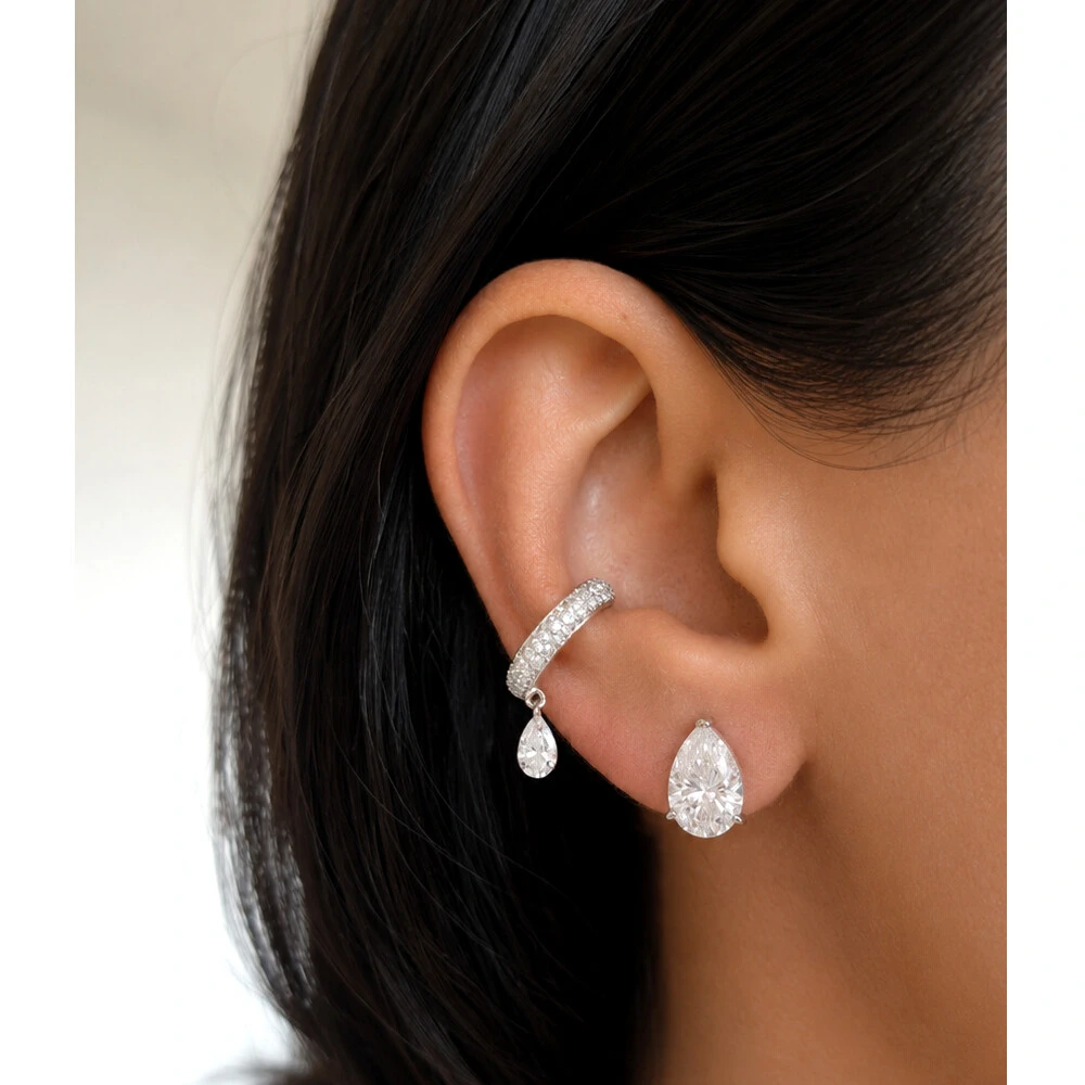 Foto Piercing Fake Prata 925 Cravejado Gota Moissanite