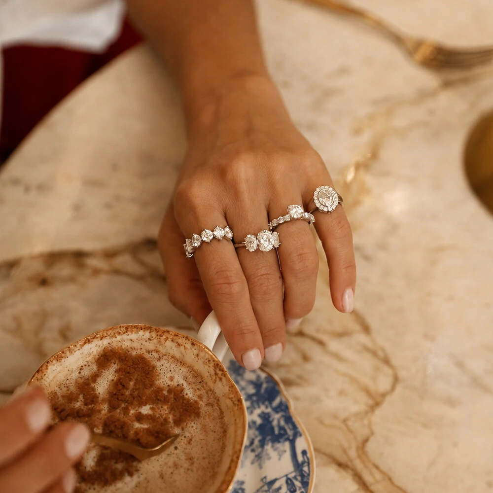 Foto Anel Prata 925 Trio Oval Moissanites