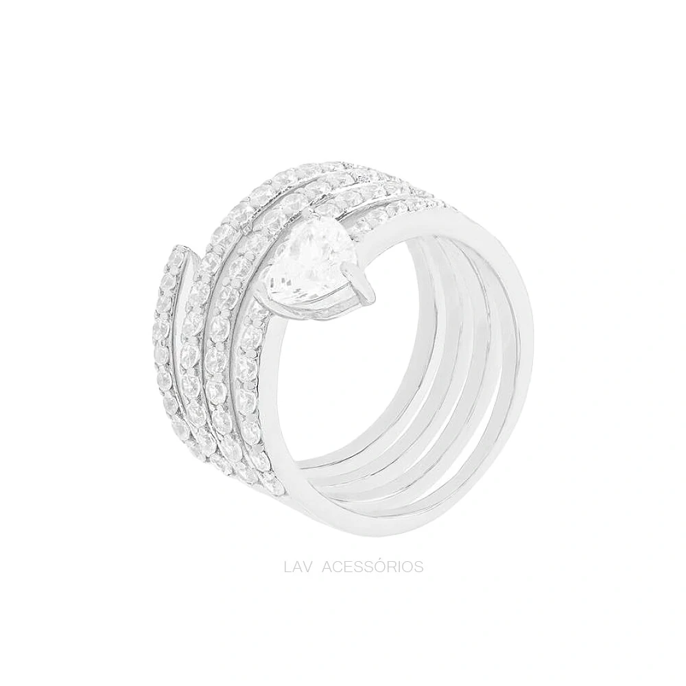 FotoAnel Prata 925 Espiral Cravejado Detalhe Coração