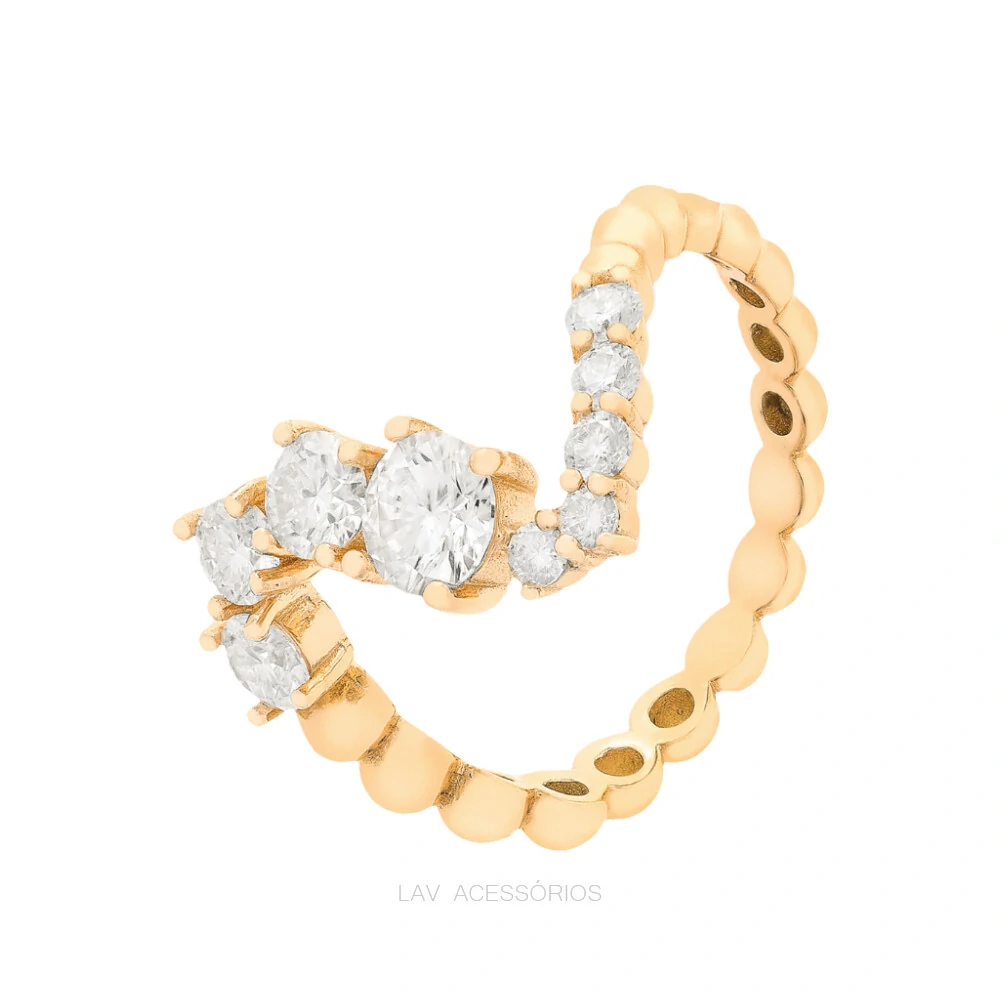 FotoAnel Prata 925 Wave Bolinhas Pontos Moissanites Ouro