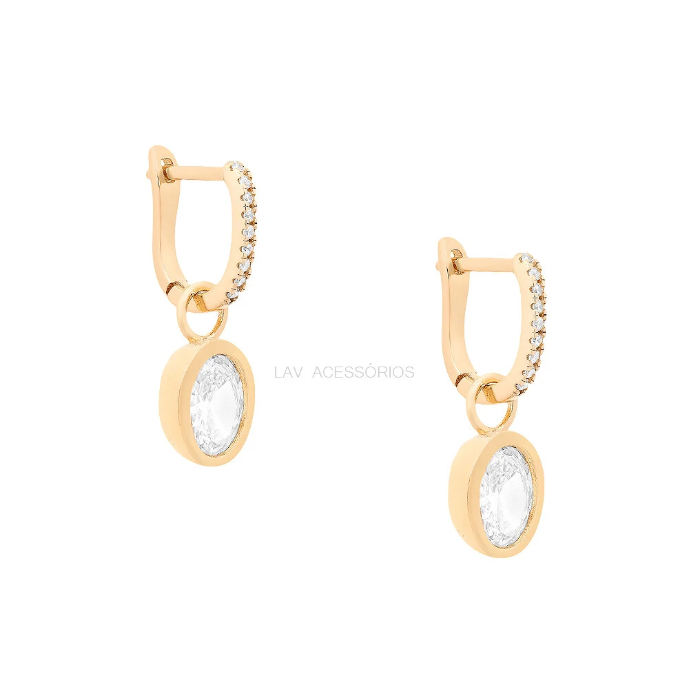 FotoArgolinha Cravejada Prata 925 Pin Oval Inglesa Cristal Ouro