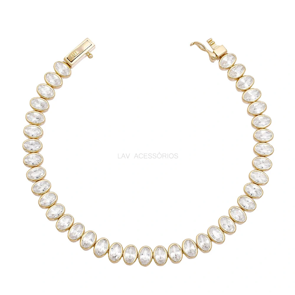FotoPulseira Prata 925 Riviera Oval Cravação Inglesa Ouro