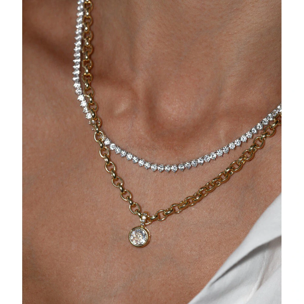 FotoColar Elos Pin Cravação Inglesa Redondo Cristal Ouro