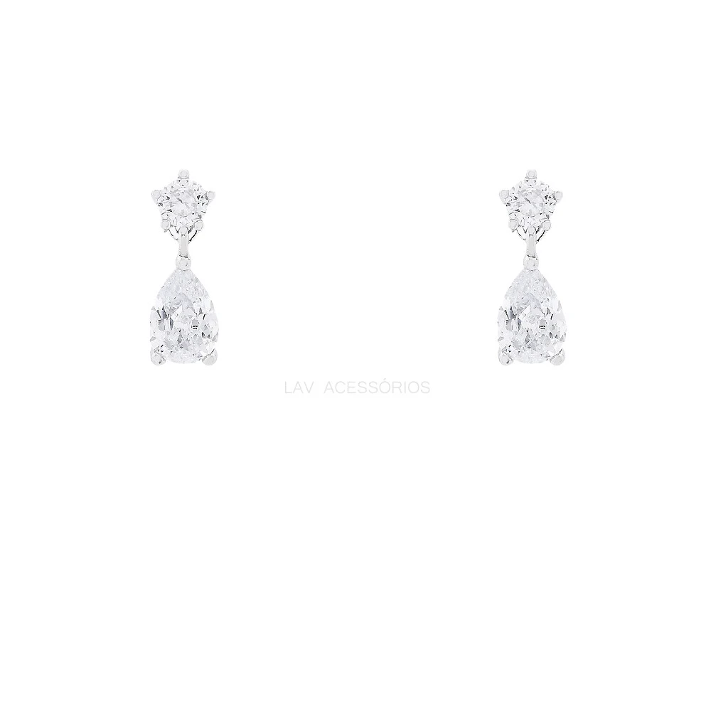 Foto Brinco Prata 925 Ponto de Luz Pin Gotinha Cristal Moissanite