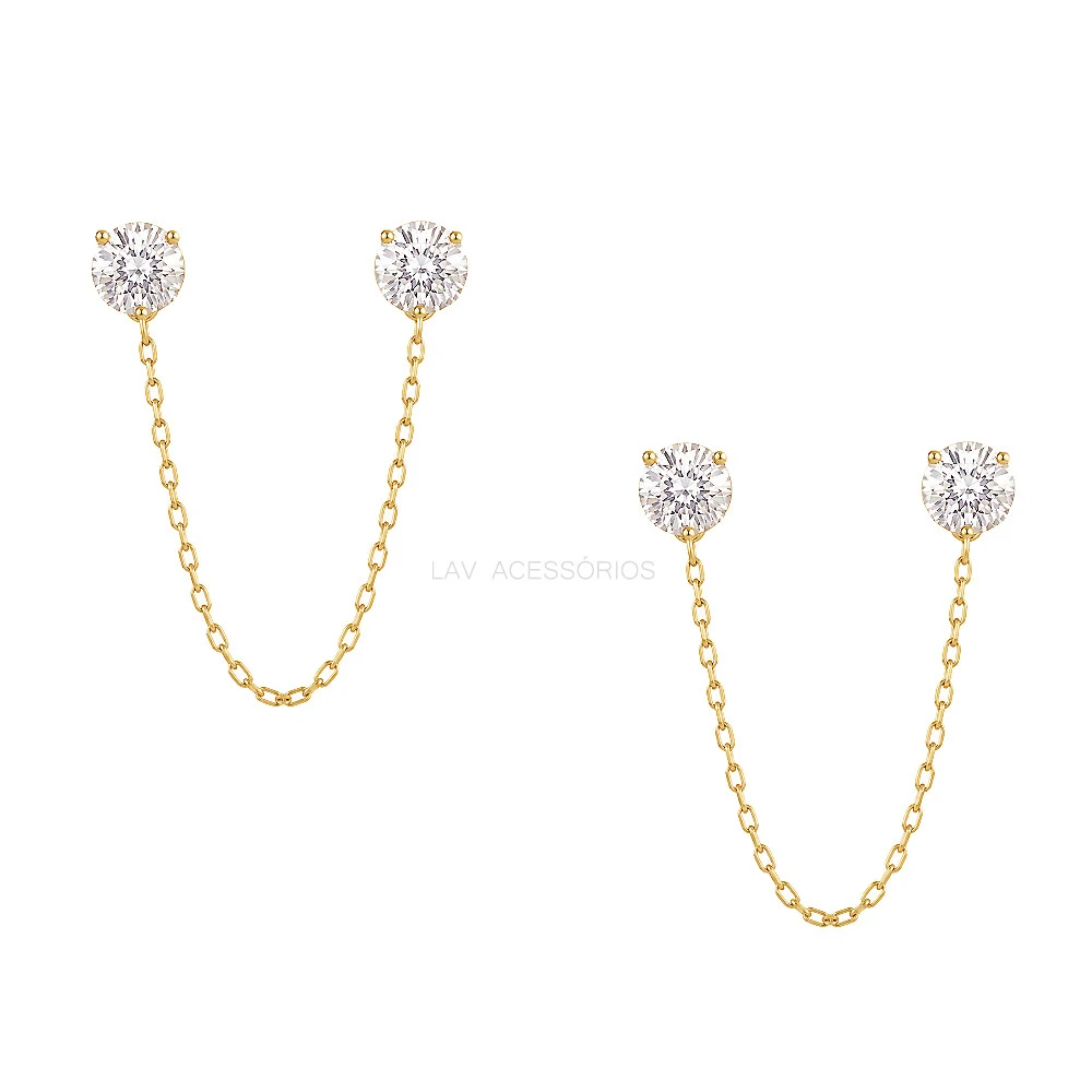 Foto Brinco Prata 925 Duplo Correntinha Pontos 5 mm Moissanite