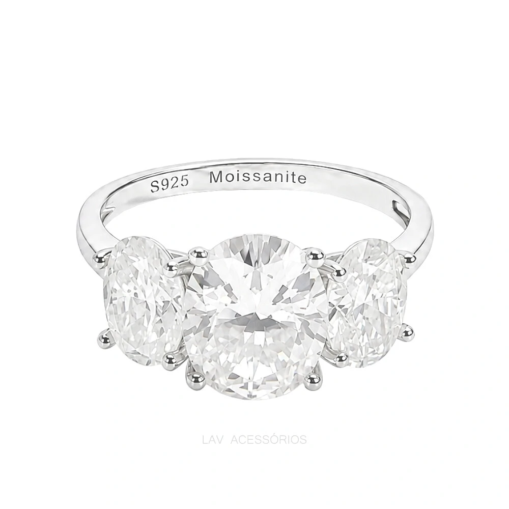 Foto Anel Prata 925 Trio Oval Moissanites