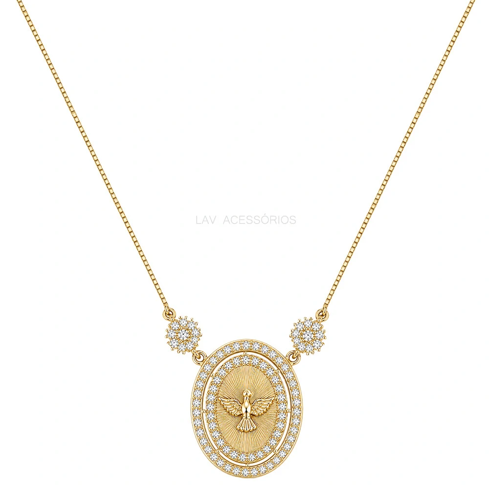 Foto Colar Prata 925 Medalha Espírito Santos Moissanites