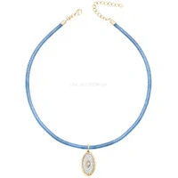 Colar Prata 925 Fio de Seda Azul Claro Medalha Oval Ouro
