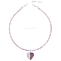 Colar Prata 925 Fio de Seda Rosa Claro Coração Cravejado