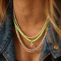 Colar Colors Neon Pingente Oval Cristal Ouro