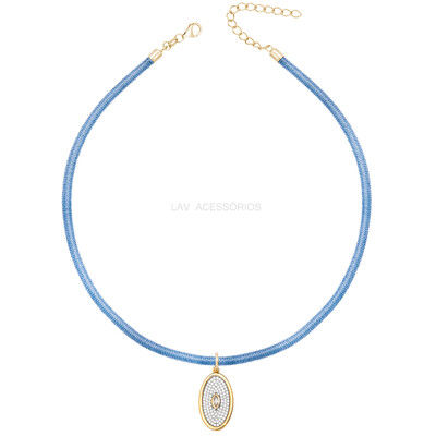 Foto Colar Prata 925 Fio de Seda Azul Claro Medalha Oval Ouro