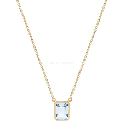 Foto Colar Prata 925 Retangular Cravação Inglesa Topázio Azul Natural Ouro