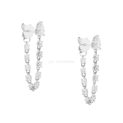 Foto Brinco Prata 925 Gota Correntinha Tiff Moissanite Rodio