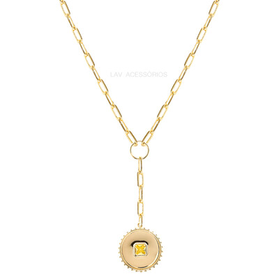 Foto Colar Prata 925 Pendente Medalha Yellow Fancy Ouro