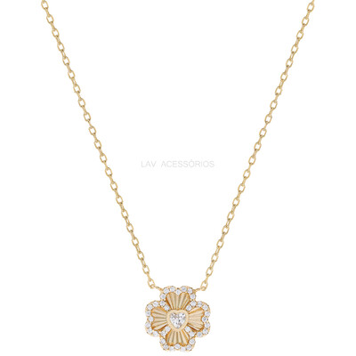 Foto Colar Prata 925 Trevo Plisse Cravejado Ouro