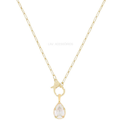 Foto Colar Prata 925 Fecho Mosquetão Gotinha Moissanite Ouro