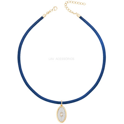 Foto Colar Prata 925 Fio de Seda Azul Escuro Medalha Oval Ouro