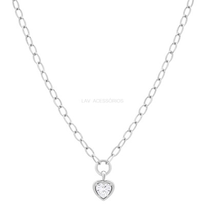 Foto Colar Prata 925 Elos Arredondados Pin Coração Cristal