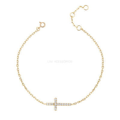 Foto Pulseira Prata 925 Delicada Cruz Cravejada Ouro