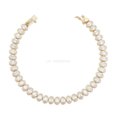 Foto Pulseira Prata 925 Riviera Oval Cravação Inglesa Ouro