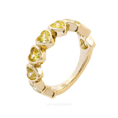 Foto Anel Prata 925 Meia Aliança Corações Yellow Fancy Ouro