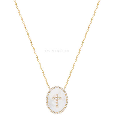 Foto Colar Prata 925 Medalha Madreperola Cruz Ouro